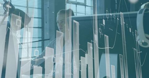 Businesswoman Analyzing Candlestick Charts on Office Monitor with Headset and Data Reflections
