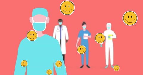 Healthcare workers in ppe with smile emojis on vibrant background