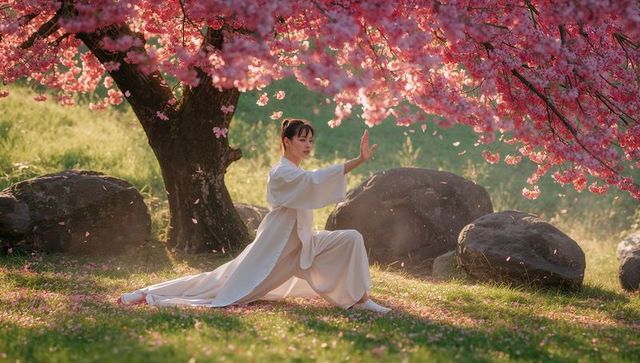 Woman practicing qigong under cherry blossoms for serene spring garden meditation