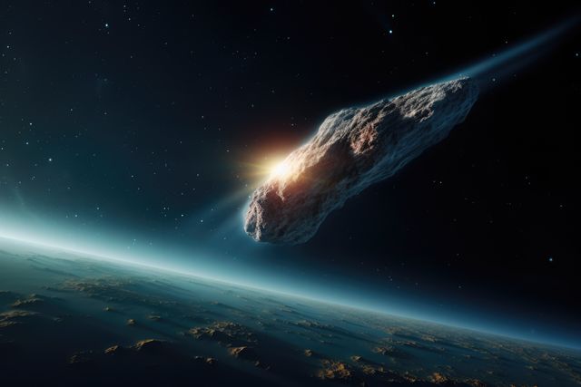 Asteroid entering Earth's atmosphere depicted against dawn sky. Ideal for science fiction themes, space exploration illustrations, astronomical research, educational materials, and disaster scenario visuals. The image conveys tension and the vastness of space, suitable for movies, books, and articles related to space phenomena and cosmic events.