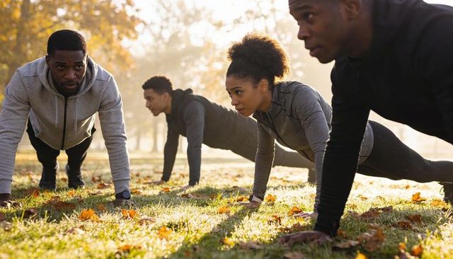 Diverse group doing plank exercises outdoors at autumn dawn backlit fitness training