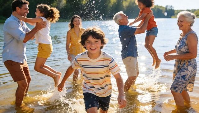 Multigenerational family playing and splashing at lakeshore on sunny summer afternoon