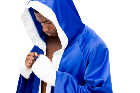 Biracial male boxer in blue robe on transparent background