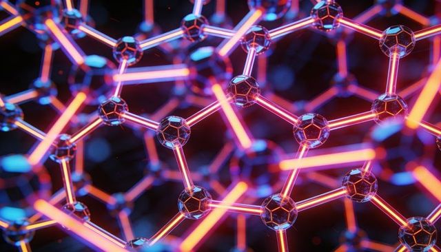 Glowing Neon Molecular Lattice Network with Faceted Nodes and Hexagonal Bonds