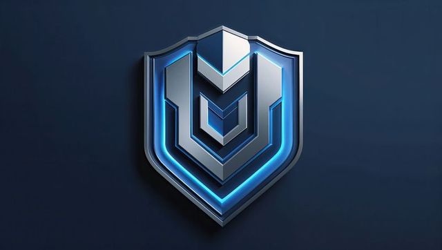 Futuristic 3d metallic shield emblem with neon accents