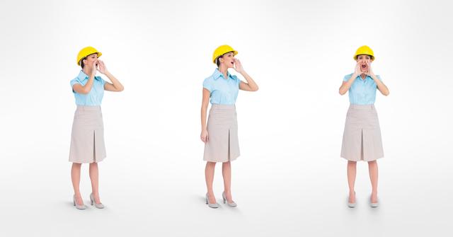 Digital composite of Multiple image of female architect screaming against white background