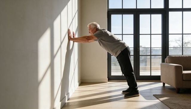 Senior man stretching against wall for balance and mobility in sunlit modern living room