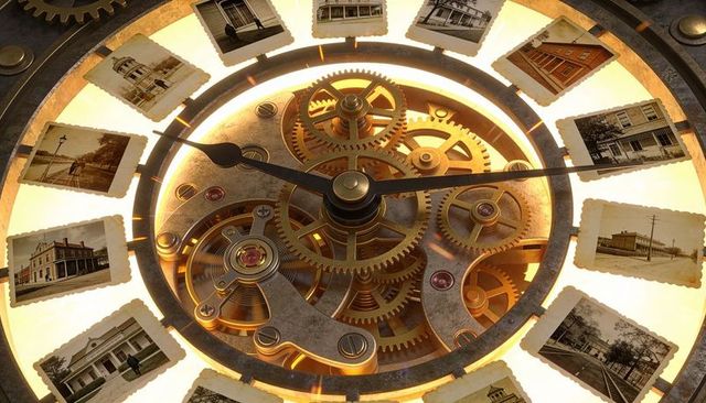 Exposed clockwork showing brass gears, vintage cogs, backlit sepia prints around dial