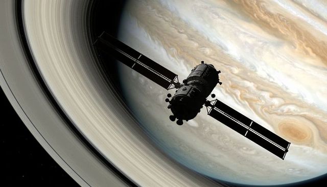 Spacecraft drifting past ringed gas giant with swirling oval storm and solar arrays