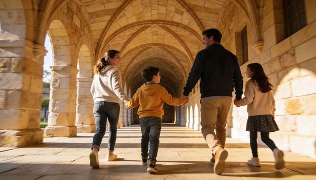 Family walking hand-in-hand through sunlit stone-arch cloister on campus at golden hour