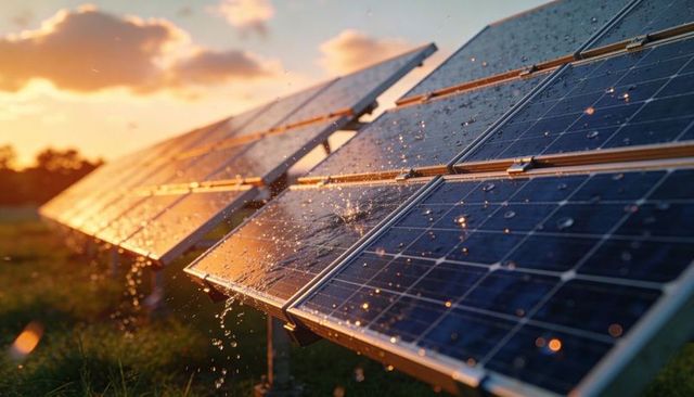 Solar panels shimmering at sunset, reflecting water droplets on wet meadow rows