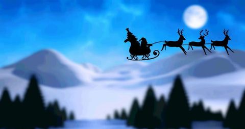 Silhouette of Santa's Sleigh Against Moonlit Winter Sky
