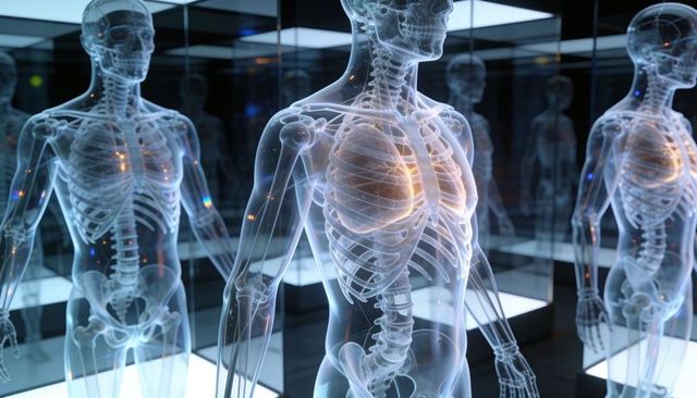 Translucent futuristic mannequins showing skeleton and illuminated lungs in mirrored lab