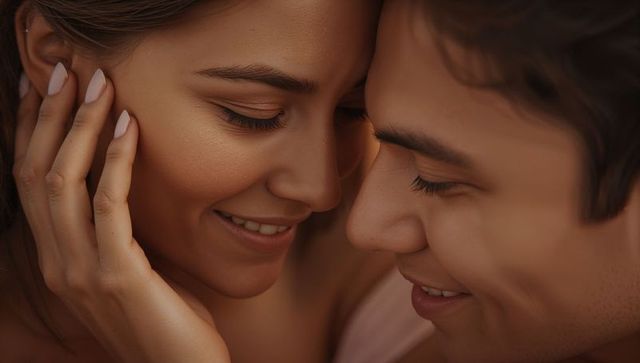 Romantic couple sharing intimate forehead touch smiling closeup tender soft warm light
