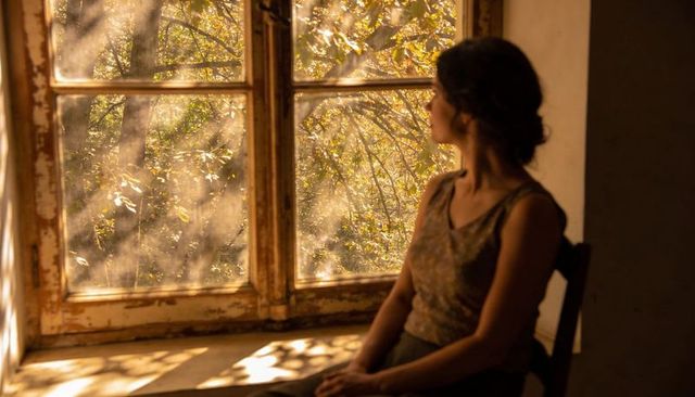 Sunlit woman gazing through vintage window, dust motes and cozy interior mood