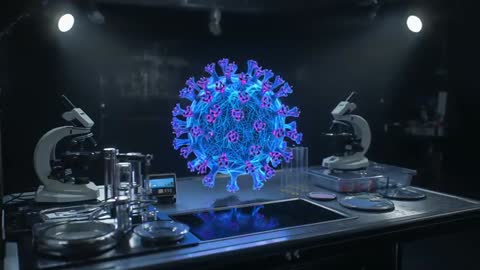 Rotating 3D virus hologram pulsing above laboratory bench with microscopes and tablet