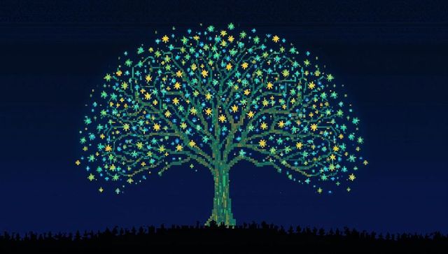 Glowing pixel tree spreading star pixels over night grass retro neon luminescent pixel art