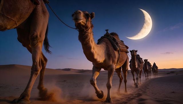 Caravan of dromedary camels crossing desert dunes at twilight under crescent moonlight