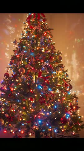 Vertical zooming shot featuring Christmas tree twinkling lights and ornaments holiday video loop