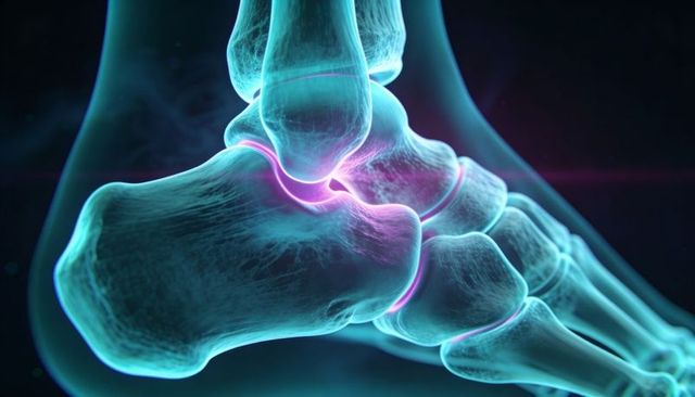3d-rendered ankle anatomy highlighting talus, calcaneus and tarsal joints with magenta glow