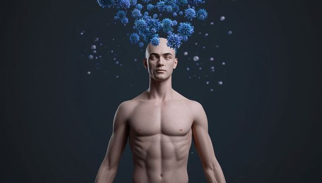 Surreal Male with Virus Elements in Dark Setting
