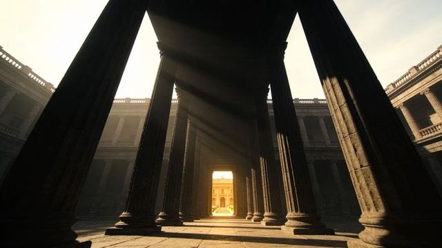 Framing neoclassical colonnade with golden sunlight leading to courtyard