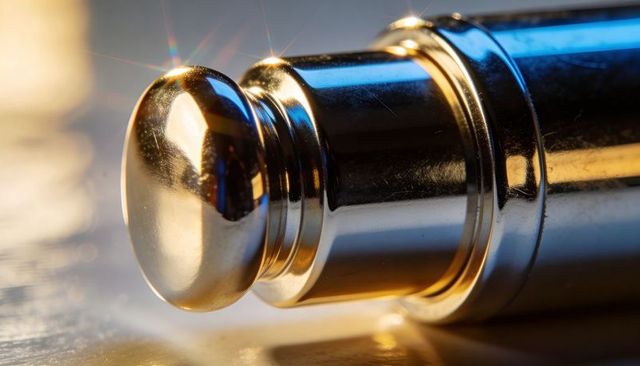 Polished brass finial close-up casting warm gold and cool blue reflections macro bokeh