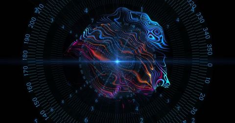 Pulsing Neural Network Wireframe Shaping Brain Contours Futuristic HUD with Numeric Ticks