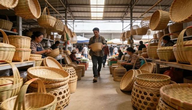 Asian man walking through bustling wicker market carrying handwoven basket among vendors and stalls