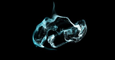 Futuristic flow of white and blue particles on black background
