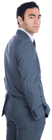 Transparent Serious Businessman Turning Sideways in Grey Suit