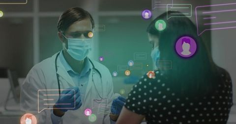 Masked physician preparing nasal swab with telehealth chat overlays during clinical exam