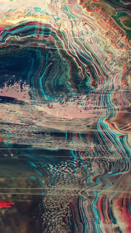Vertical abstract marble video with glitching teal bands and iridescent agate swirls