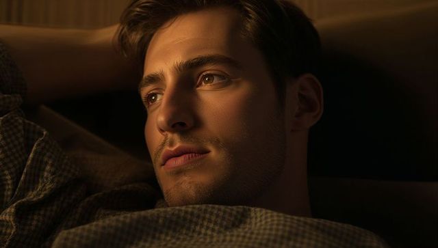 Warm low-key portrait young man reclining on couch, contemplative mood in soft light