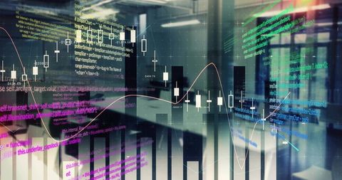 Futuristic financial dashboard showing candlestick charts, bar graphs and code overlays