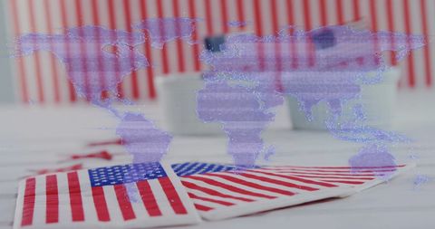 World Map Overlay on American Flags with Vibrant Stripes