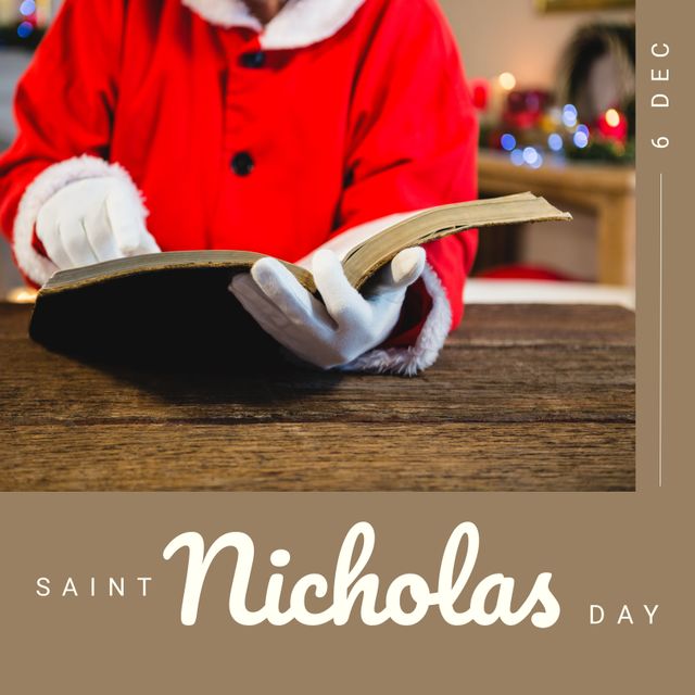 Santa Claus Reading Book with Saint Nicholas Day Text - Download Free Stock Templates Pikwizard.com