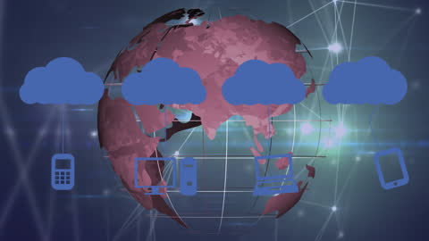 Abstract Digital Theme with Rotating Globe and Cloud Computing Icons