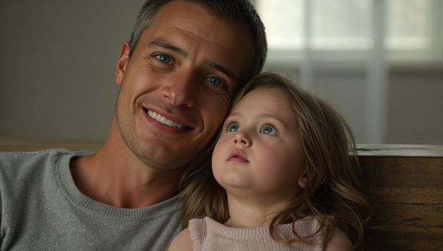 Smiling dad leaning toward curious daughter looking up on wooden bench in warm soft light