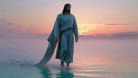 Bearded figure resembling jesus in blue robe walking on water at sunrise