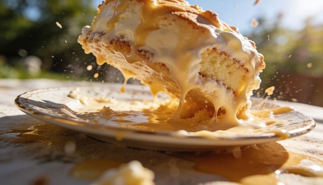 Caramel dripping layered cake collapsing on ceramic plate with cream and crumbs