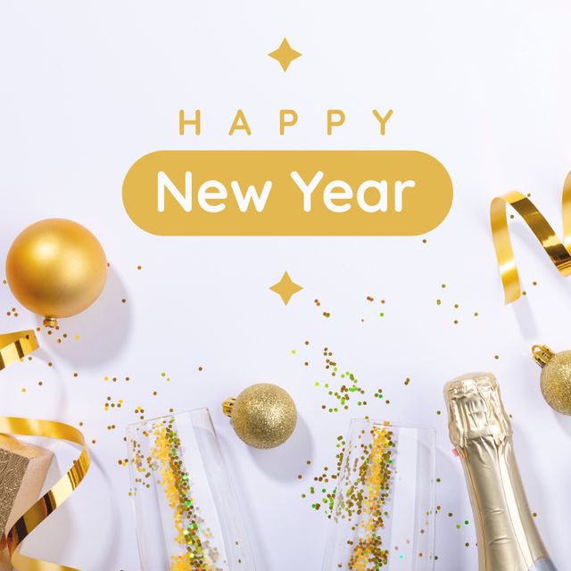 Perfect for cards, social media posts, and promotional materials celebrating the New Year. Includes sparkling champagne, golden baubles, and festive confetti that convey a joyful holiday atmosphere.