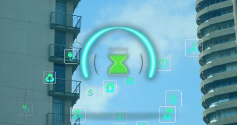 Digital Ecology and Sustainability Icons Over Urban Skyline