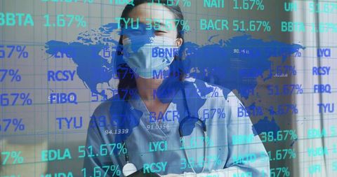 Korean Nurse Standing in Scrubs Wearing Mask with World Map Data Overlay for Healthcare