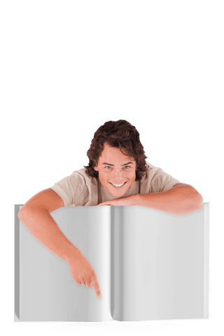 smiling young man pointing at open transparent book - Download Free Stock Videos Pikwizard.com