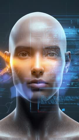 Booting Androgynous AI Head Streaming Orange Energy with Holographic Data Panels