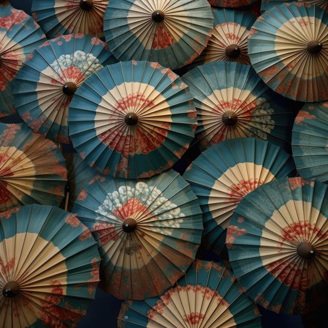 Blue and white chinese umbrellas with red patterns, created using generative ai technology. Protection, weather, decoration and chinese culture concept digitally generated image.