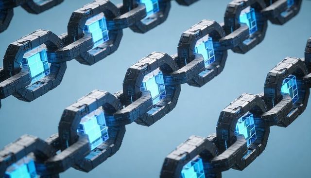 Futuristic glowing metal chain links with cyan cores symbolizing blockchain and security