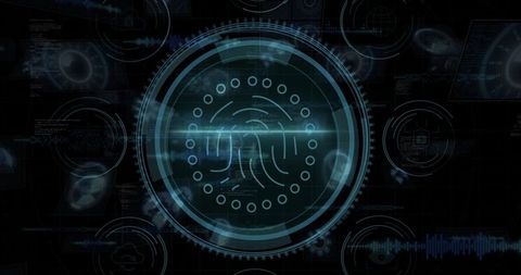 Holographic biometric fingerprint scanning on dark cyber ui with glowing rings and gear
