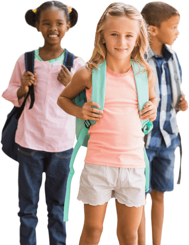 Happy Children Standing with Backpacks Transparent Background